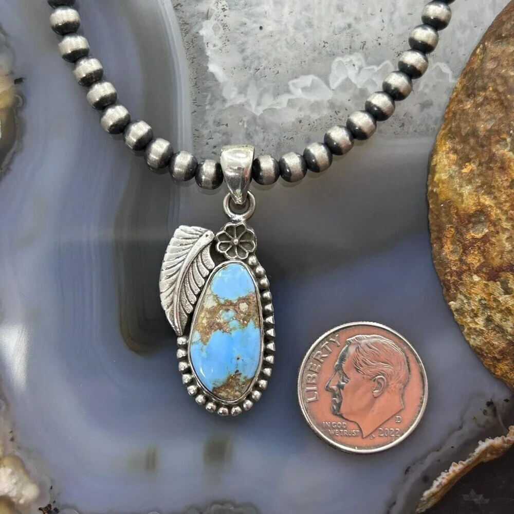 Sterling Silver Southwestern Style Golden Hill Turquoise Leaves Pendant #4